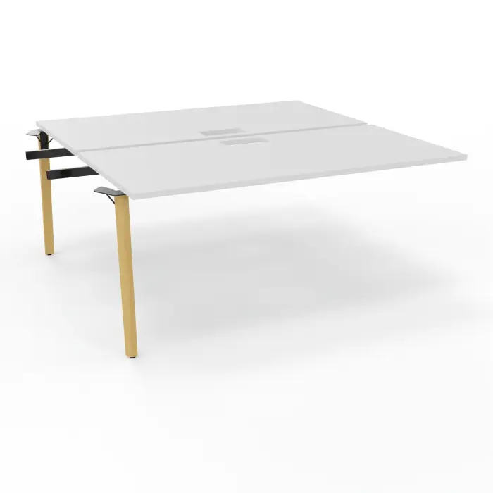 Robin tables suivant doubles 2 plateaux L. 80 cm L. 160 cm x P. 165 mélamine blanc neige découpe trappe simple accès 4 pieds métal lisse noir/bois hêtre massif vernis