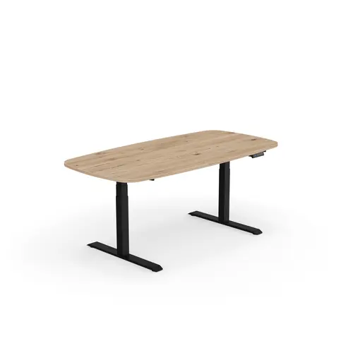 Table Axel 2 ovale P. 100 cm x L. 200 mélamine chêne Brunswick pré percé 2 obturateurs pieds métal lisse noir boitier éléctrique avec commande numérique pour mémoire position + port usb