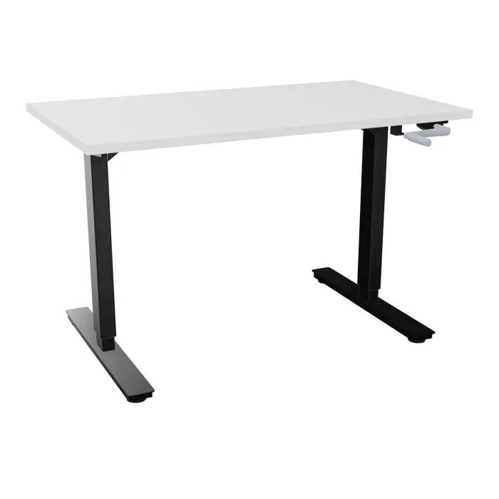 Axel 2 Bureau rectangulaire L. 120 x P. 70 cm plateau prépercé obt ep. 25 mm mélamine blanc neige structure métal lisse noir réglable en hauteur par manivelle