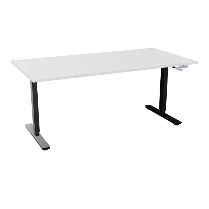 Axel 2 Bureau rectangulaire L. 180 x P. 90 cm plateau prépercé obt ep. 25 mm mélamine blanc neige structure métal lisse noir réglable en hauteur par manivelle