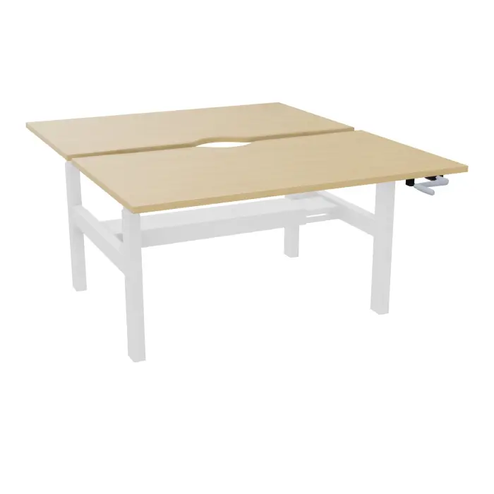 Axel 2 Bench 2 x rect L. 140 x P. 80 plateaux échancrure ép. 25 mm mélamine Chêne naturel structure métal lisse blanc réglable en hauteur par manivelle