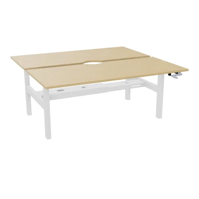 Axel 2 Bench 2 x rect L. 180 x P. 80 plateaux échancrure ép. 25 mm mélamine Chêne naturel structure métal lisse blanc réglable en hauteur par manivelle