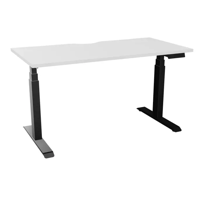 AXEL 2 Bureau rectangulaire L. 140 x P. 70 plateau échancrure ep. 25 mm mélamine blanc neige structure métal lisse noir motorisé Boitier 4 utilisateurs x 2 mémoires + USB