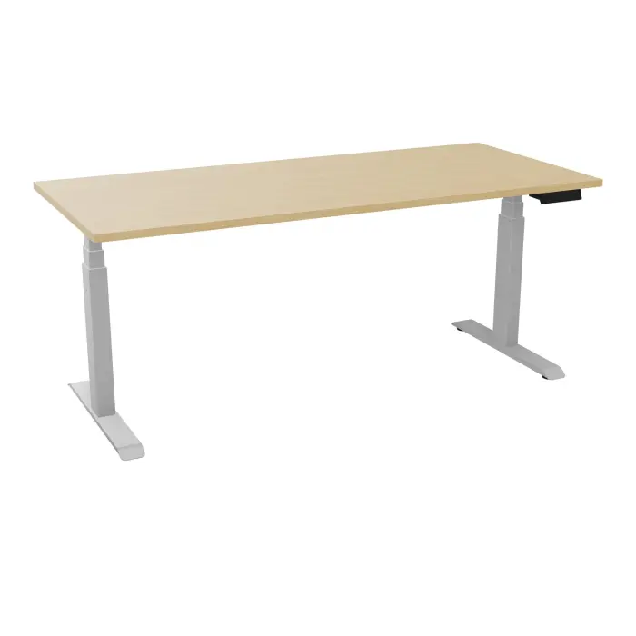 AXEL 2 Bureau rectangulaire L. 180 x P. 80 plateau prépercé obt ep. 25 mm mélamine Chêne naturel structure métal lisse gris argent motorisé boitier 4 utilisateurs x 2 mémoires + USB