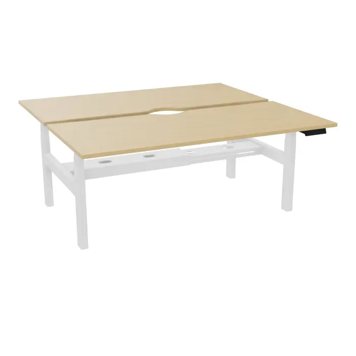 AXEL 2 Bench 2 x rect L. 180 x P. 80 plateaux échancrure ép. 25 mm mélamine Chêne naturel structure métal lisse blanc motorisé 2x Boitiers 4 utilisateurs x 2 mémoires + USB