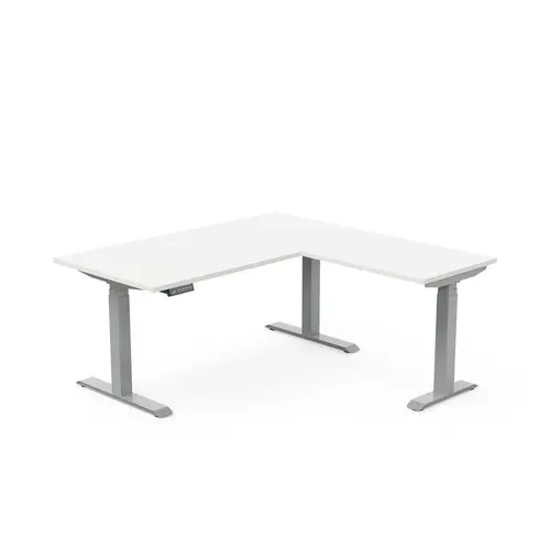 AXEL 2 Bureau rect L. 160 x P. 80 plateau prépercé obt ép. 25 mm + Rt P.60x80 mélamine blanc neige structure métal lisse gris argent motorisé Boitier 4 utilisateurs x 2 mémoires + USB
