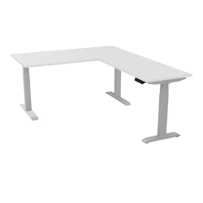 AXEL 2 Bureau rect L. 160 x P. 80 plateau prépercé obt ép. 25 mm + Rt P.60x120 mélamine blanc neige structure métal lisse gris argent motorisé Boitier 4 utilisateurs x 2 mémoires + USB