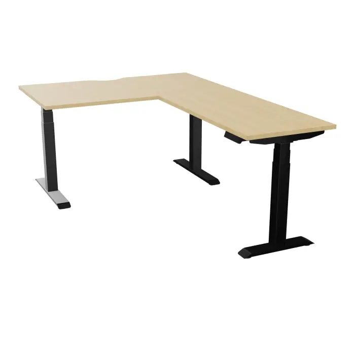 AXEL 2 Bureau rect L. 140 x P. 80 plateau échancrure ép. 25 mm + Rt P.60x120 mélamine Chêne naturel structure métal lisse noir motorisé Boitier 4 utilisateurs x 2 mémoires + USB