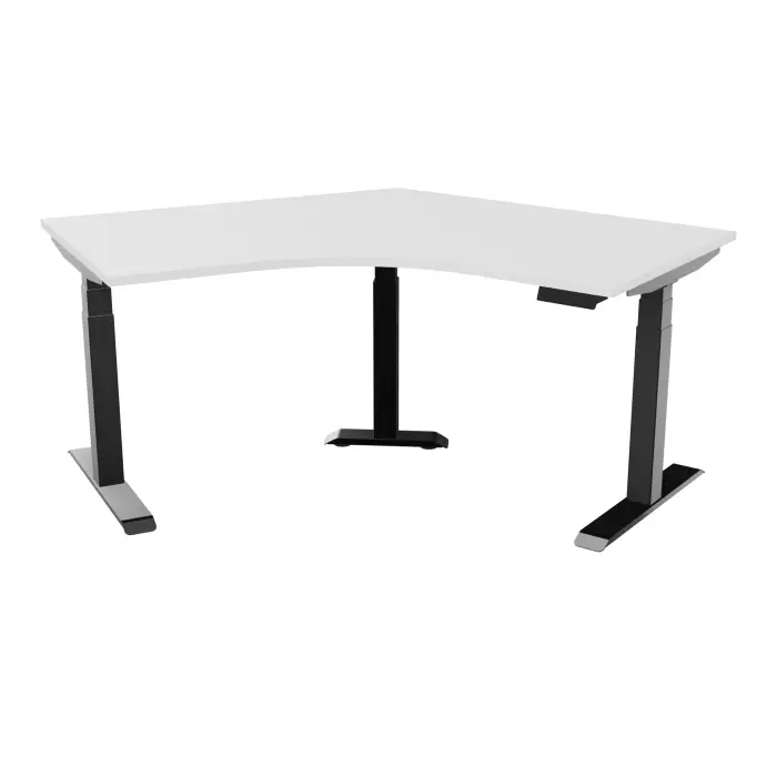 Bureau Axel 2 compact 120° mélamine blanc neige pré percé pour obturateur pied métal lisse noir boitier éléctrique avec commande numérique pour mémoire position + port usb