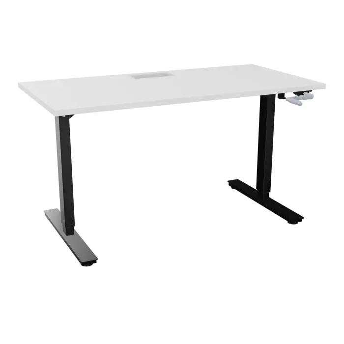 Axel 2 Bureau rectangulaire L. 140 x P. 70 cm plateau découpé trappe ep. 25 mm + goul mélamine blanc neige structure métal lisse noir réglable en hauteur par manivelle