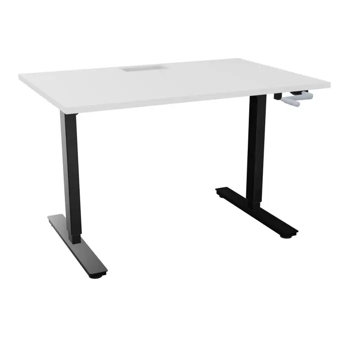 Axel 2 Bureau rectangulaire L. 120 x P. 80 cm plateau découpé trappe ep. 25 mm + goul mélamine blanc neige structure métal lisse noir réglable en hauteur par manivelle