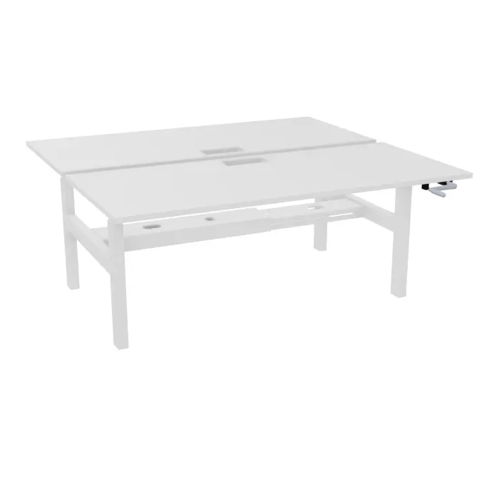 Axel 2 Bench 2 x rect L. 180 x P. 80 plateaux découpés trappe ép. 25 mm + goul mélamine blanc neige structure métal lisse blanc réglable en hauteur par manivelle