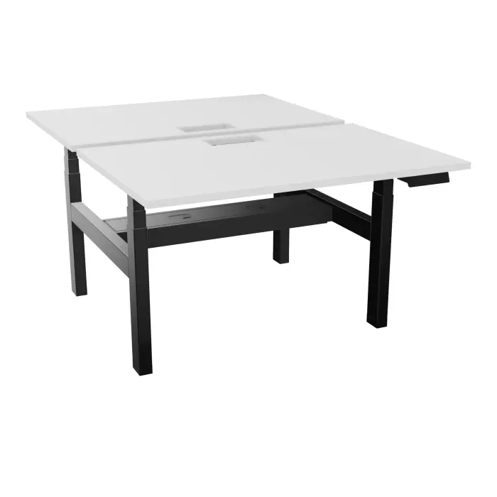 AXEL 2 Bench 2 x rect L. 120 x P. 80 plateaux découpés trappe ép. 25 mm + goul mélamine blanc neige structure métal lisse noir motorisé 2x Boitiers 4 utilisateurs x 2 mémoires + USB