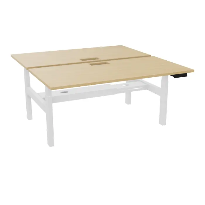 AXEL 2 Bench 2 x rect L. 160 x P. 80 plateaux découpés trappe ép. 25 mm + goul mélamine Chêne naturel structure métal lisse blanc motorisé 2x Boitiers 4 utilisateurs x 2 mémoires + USB
