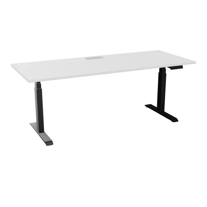 AXEL 2 Bureau rectangulaire L. 200 x P. 80 plateau découpé trappe ep. 25 mm + goul mélamine blanc neige structure métal lisse noir motorisé Boitier 4 utilisateurs x 2 mémoires + USB
