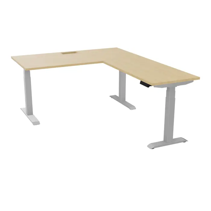 AXEL 2 Bureau rect L. 160 x P. 80 plateau découpé trappe ép. 25 mm + goul + Rt P.60x120 mélamine Chêne naturel structure métal lisse gris argent motorisé Boitier 4 utilisateurs x 2 mémoires + USB