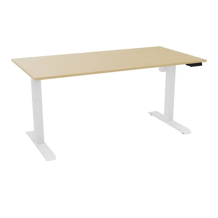 Bureau rectangulaire Lutz 2 L. 160 cm x P. 80 cm plateau nu épaisseur 19 mm Chêne naturel piètements I section carrée 70x70mm motorisés réglables en hauteur avec boîtier de commande 3 positions métal lisse blan