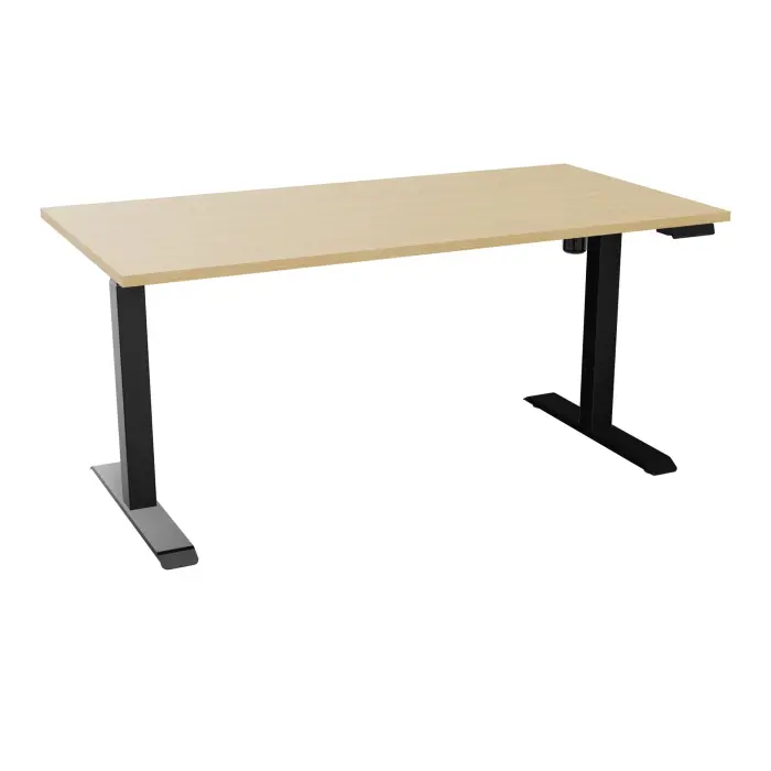 Bureau rectangulaire Lutz 2 L. 160 cm x P. 80 cm plateau pré-percé 2 obturateurs épaisseur 25 mm Chêne naturel piètements I section carrée 70x70mm motorisés réglables en hauteur avec boîtier de commande 3 posit