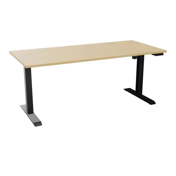 Bureau rectangulaire Lutz 2 L. 180 cm x P. 80 cm plateau pré-percé 2 obturateurs épaisseur 25 mm Chêne naturel piètements I section carrée 70x70mm motorisés réglables en hauteur avec boîtier de commande 3 posit