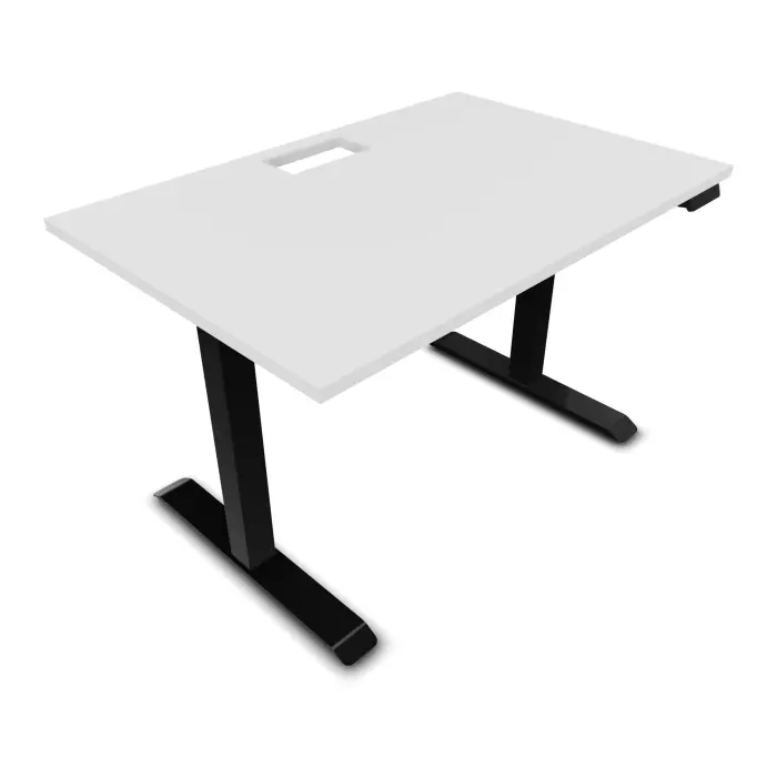 Bureau rectangulaire Lutz 2 L. 120 cm x P. 80 cm plateau découpé 1 trappe 24x12 épaisseur 25 mm mélamine blanc neige + goulotte piètements I section carrée 70x70mm motorisés réglables en hauteur avec boîtier de