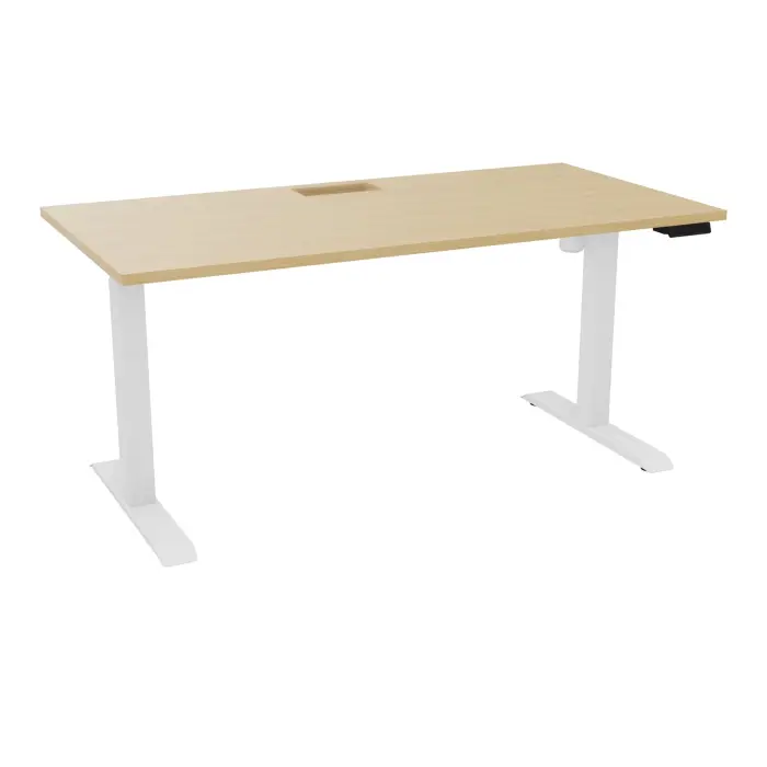 Bureau rectangulaire Lutz 2 L. 160 cm x P. 80 cm plateau découpé 1 trappe 24x12 épaisseur 25 mm Chêne naturel + goulotte piètements I section carrée 70x70mm motorisés réglables en hauteur avec boîtier de comman
