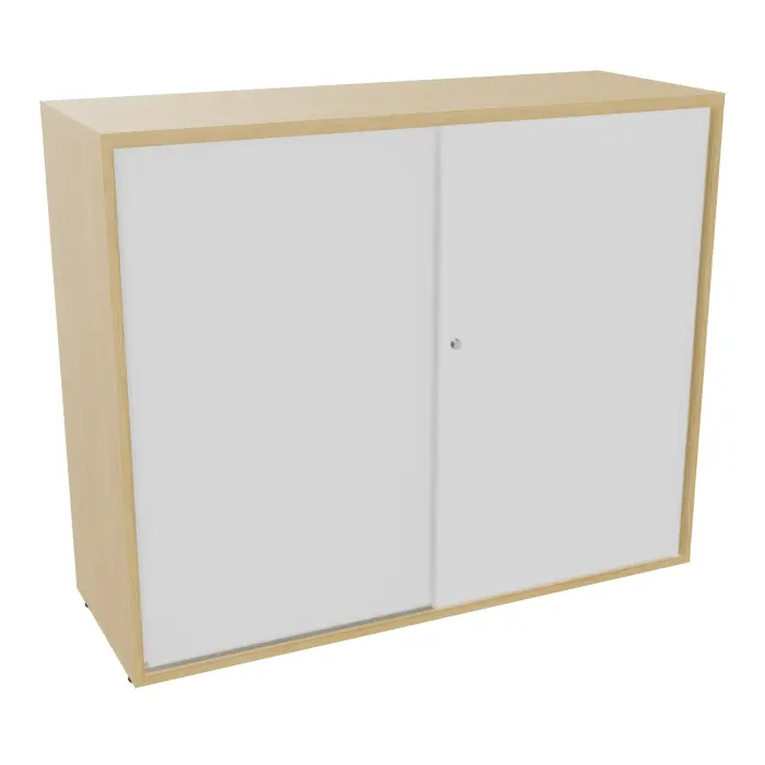 Armoire Armand 2 portes coulissantes H. 100 x L. 120 x P. 43,2 cm - 2 tablettes métallique - corps mélamine Chêne naturel - portes mélamine blanc neige - poignées métal lisse blanc