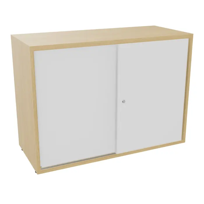 Armoire Armand 2 portes coulissantes H. 73,5 x L. 100 x P. 43,2 cm - 1 tablette - corps mélamine Chêne naturel - portes mélamine blanc neige - poignées métal lisse blanc