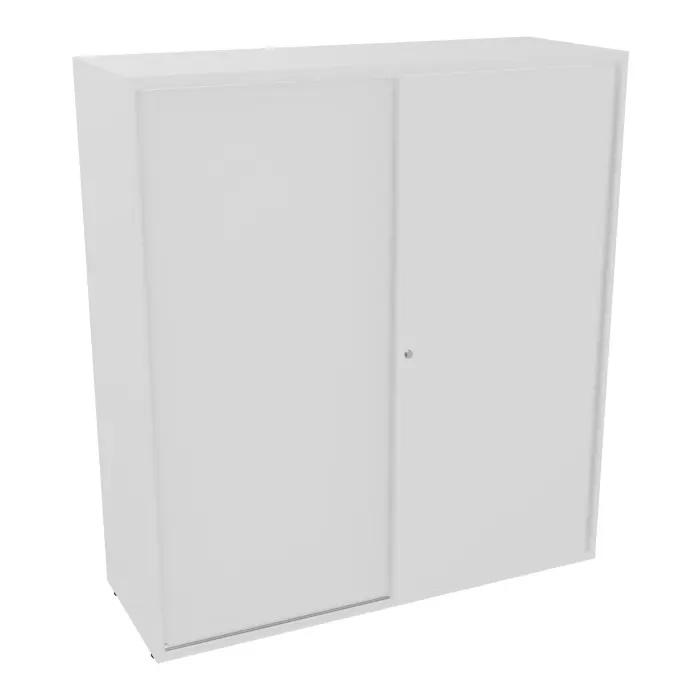 Armoire Armand 2 portes coulissantes H. 133,5 x L. 120 x P. 43,2 cm - 3 tablettes métallique - corps mélamine blanc neige - portes mélamine blanc neige - poignées métal lisse blanc