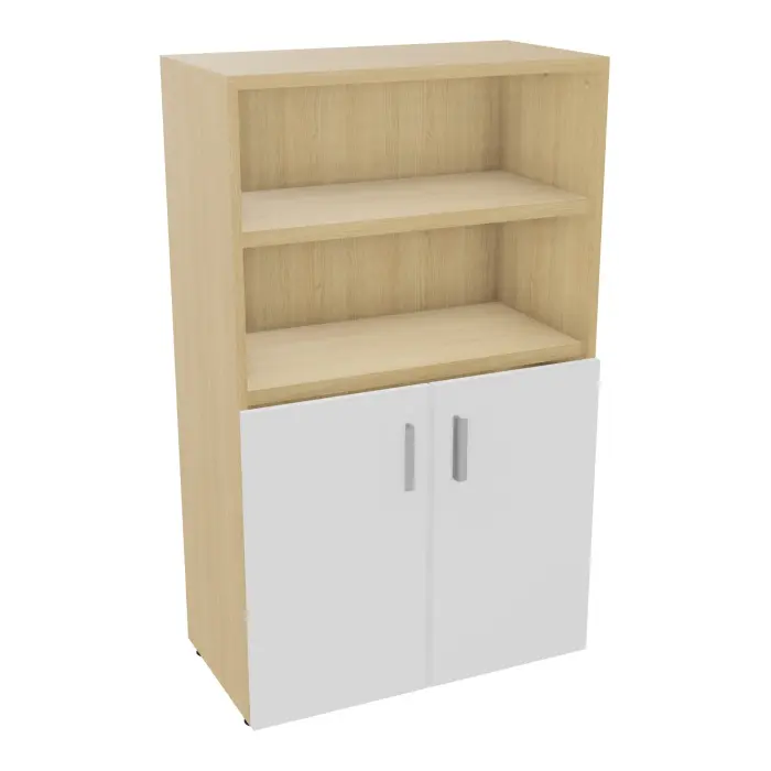 Armoire bibliothèque Armand mélamine 3 tablettes H. 133,5 x L. 80 x P. 43,2 cm corps et top finition mélamine Chêne naturel avec 2 portes H. 735 cm mélamine blanc neige - poignées métal gris aluminium