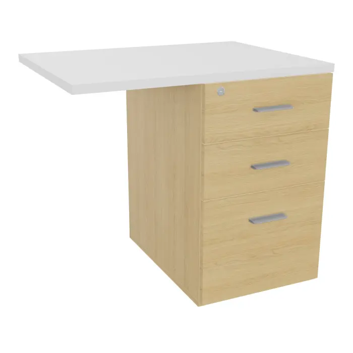 Retour Melina sur caisson hauteur bureau P. 60 cm x L. 80 cm 3 tiroirs dont 1 dossier suspendu mélamine Chêne naturel top épaisseur 25mm mélamine blanc neige poignées métal gris aluminium