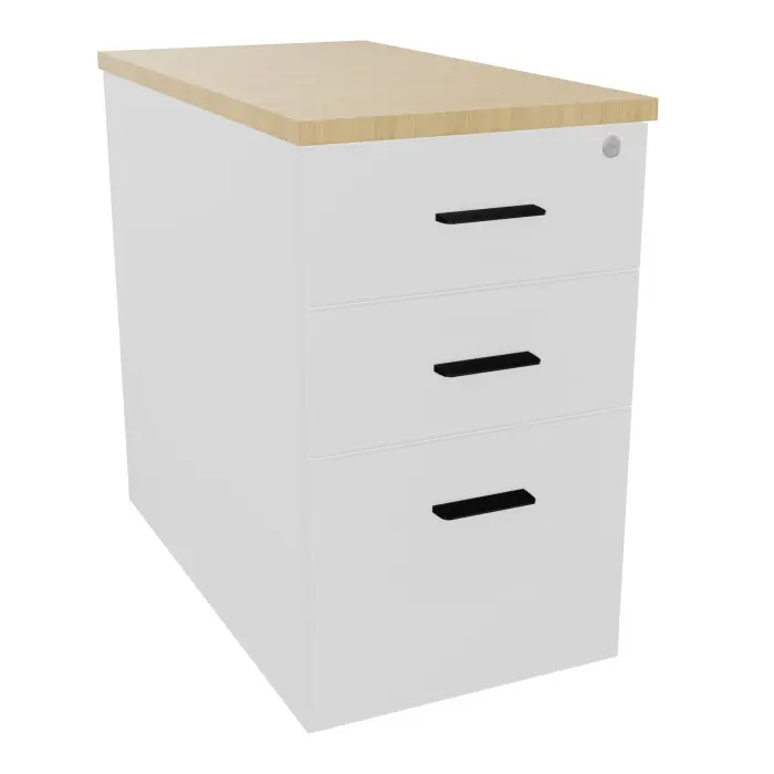 Extension Melina sur caisson hauteur bureau P. 80 cm x L. 43,2 cm 3 tiroirs dont 1 dossier suspendu mélamine blanc neige top épaisseur 25mm mélamine Chêne naturel poignées métal lisse noir