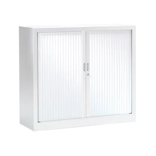 Armoire à rideaux H. 100 x L. 120 x P. 43 cm - corps blanc - rideaux blanc - équipée de 2 tablettes + 1