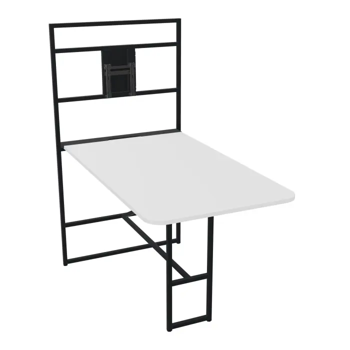 Table Alma réhausse support TV H. 105 cm/196 cm x L. 100 cm x P. 180 cm épaisseur 25mm mélamine blanc neige pietements métal structuré noir avec goulotte + capot pivotant + gain zippée L. 105 cm