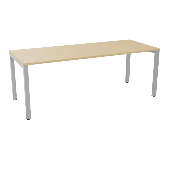 Table rectangulaire Arial L. 200 cm x P. 80 cm x H. 73,5 plateau nu mélamine Chêne naturel pied arche carrée fixe métal lisse gris aluminium