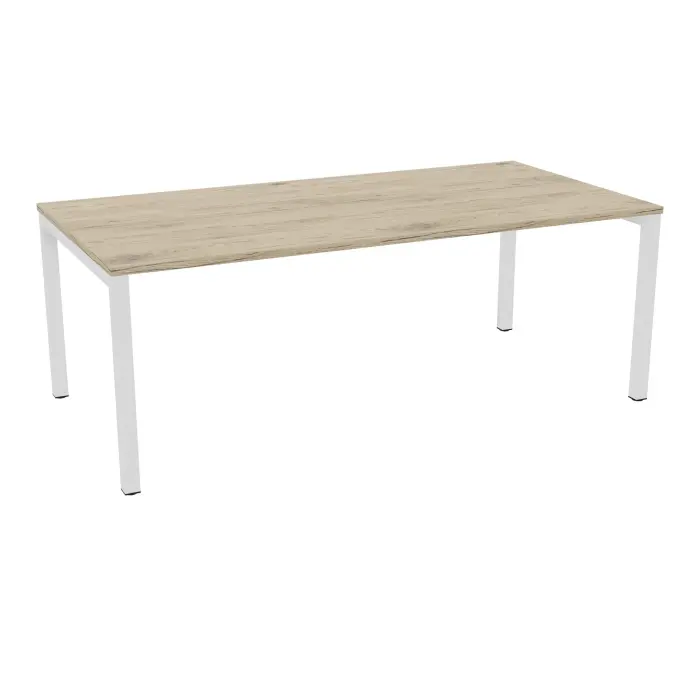 Table rectangulaire 6/8P Arial L. 200 cm x P. 100 cm x H. 73,5 prépercé 2 obturateurs au centre mélamine chêne Brunswick pied arche carrée fixe métal lisse blanc