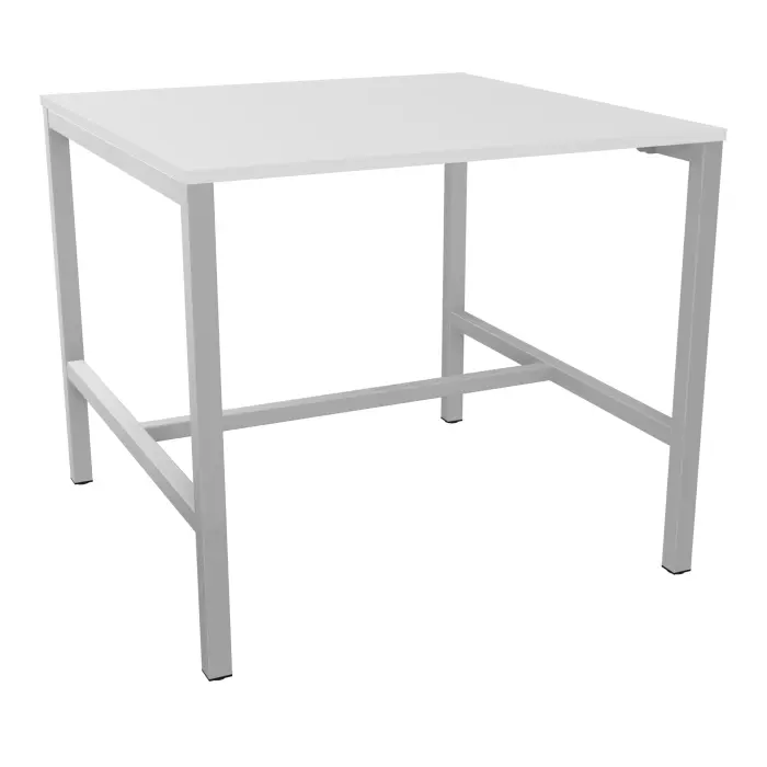 Table carrée 4P Arial L. 120 cm x P. 120 cm x H. 104,5 prépercé obturateur au centre mélamine blanc neige pied arche carrée fixe avec repose pied métal lisse gris aluminium