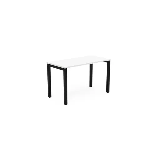 Table rectangulaire Arial L. 120 cm x P. 60 cm x H. 73,5 cm plateau nu mélamine blanc neige piètement arche carrée fixe métal lisse noir