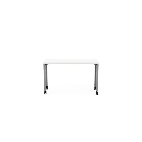 Table rectangulaire Arial L. 120 x P. 40 x H. 73,5 cm plateau nu mélamine blanc neige piètement arche carrée fixe métal lisse gris aluminium sur roulettes