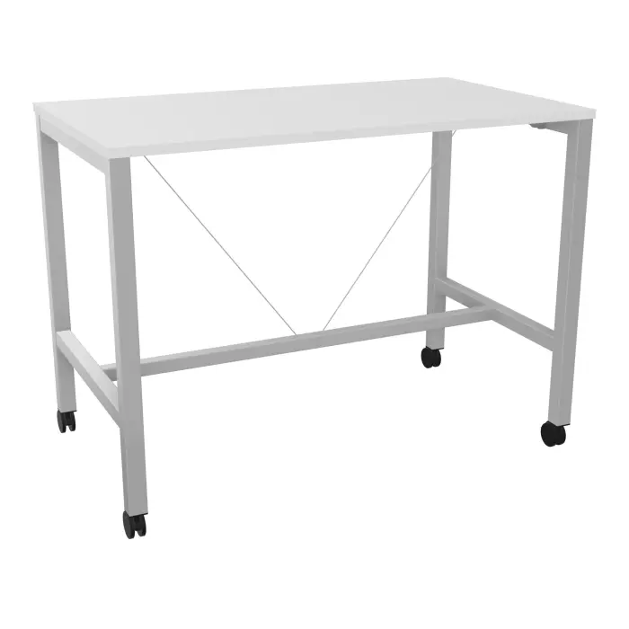 Table rectangulaire Arial L. 140 x P. 80 x H. 104,5 cm plateau mélamine blanc neige piètement arche carrée fixe métal lisse gris aluminium sur roulettes
