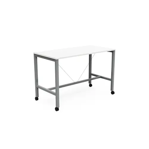 Table rectangulaire Arial L. 160 x P. 80 x H. 104,5 cm plateau mélamine blanc neige piètement arche carrée fixe métal lisse gris aluminium sur roulettes