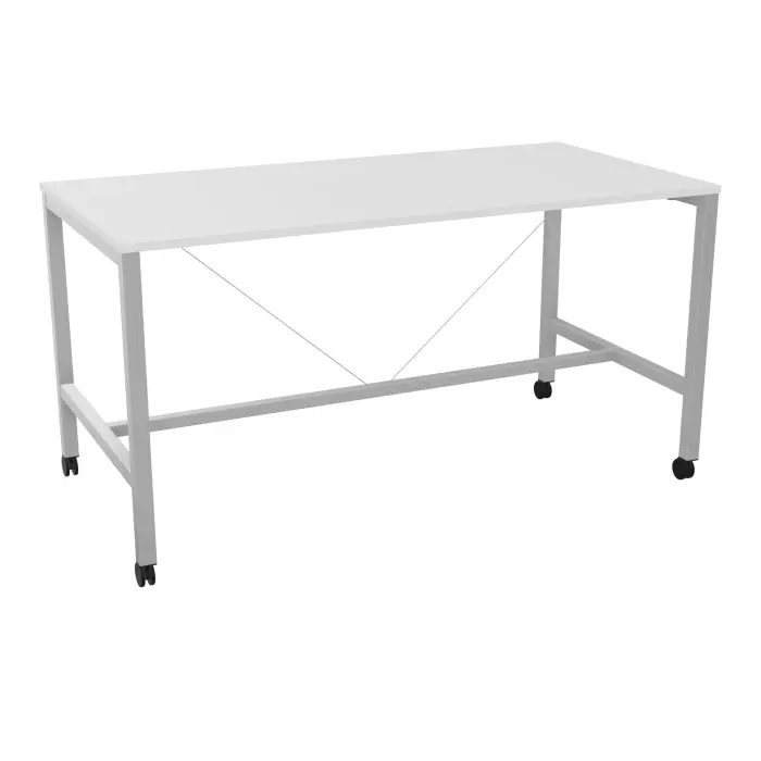 Table rectangulaire Arial L. 200 x P. 100 x H. 104,5 cm plateau prépercé pour obturateurs au centre mélamine blanc neige piètement arche carrée fixe métal lisse gris aluminium sur roulettes