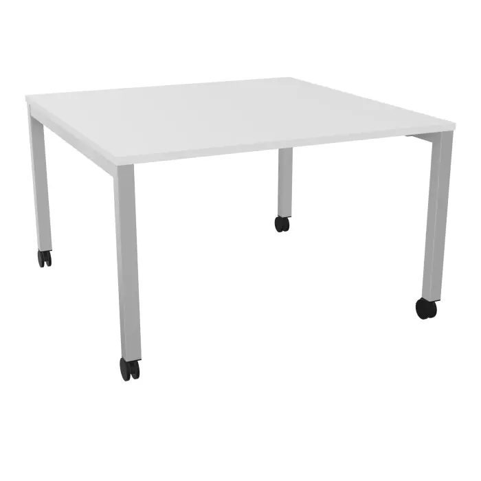 Table carrée Arial L. 120 x P. 120 x H. 73,5 cm plateau prépercé pour 1 obturateur au centre mélamine blanc neige piètement arche carrée fixe métal lisse gris aluminium sur roulettes