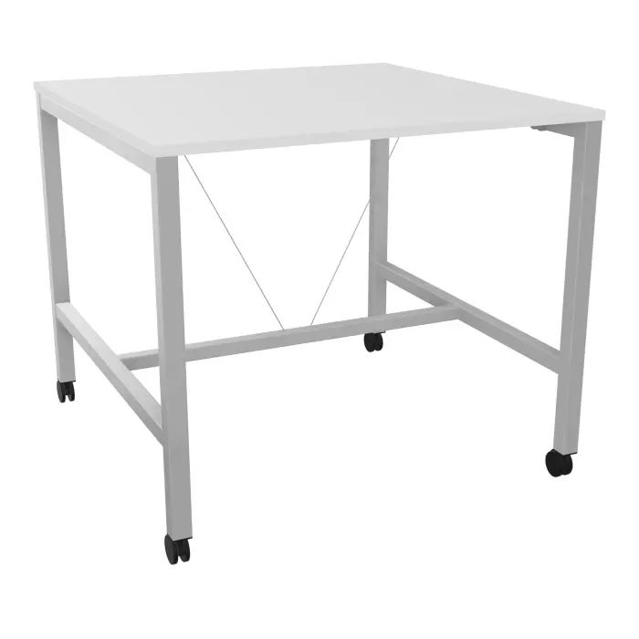 Table carrée Arial L. 120 x P. 120 x H. 104,5 cm plateau prépercé pour 1 obturateur au centre mélamine blanc neige piètement arche carrée fixe métal lisse gris aluminium sur roulettes