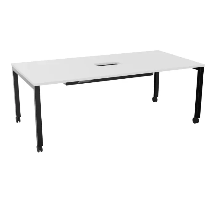 Table rectangulaire Arial L. 200 x P. 100 x H. 73,5 cm plateau découpé pour trappe au centre mélamine blanc neige piètement arche carrée fixe métal lisse noir sur roulettes