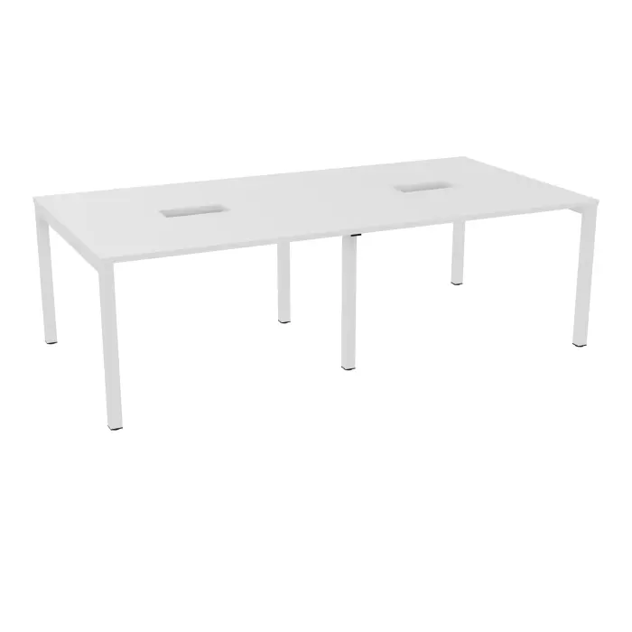 Table rectangulaire Arial L. 240 x P. 120 x H. 73,5 cm plateau découpé pour trappes au centre mélamine blanc neige piètement arche carrée fixe métal lisse blanc