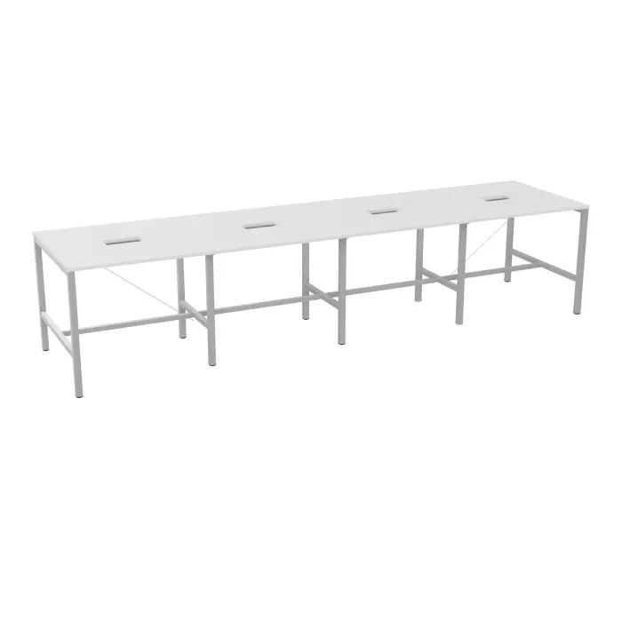Table rectangulaire Arial L. 480 x P. 120 x H. 104,5 cm plateau découpé pour trappes au centre mélamine blanc neige piètement arche carrée fixe métal lisse gris aluminium