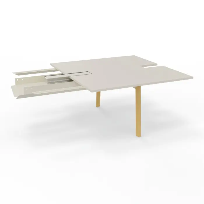 Module intermédiaire Karl L. 140 cm x P. 150 cm plateau mélamine lin 2 pieds dont 1 éléctrifiés bois chêne massif/métal lisse blanc nacré - 2 trappes centrales double accès