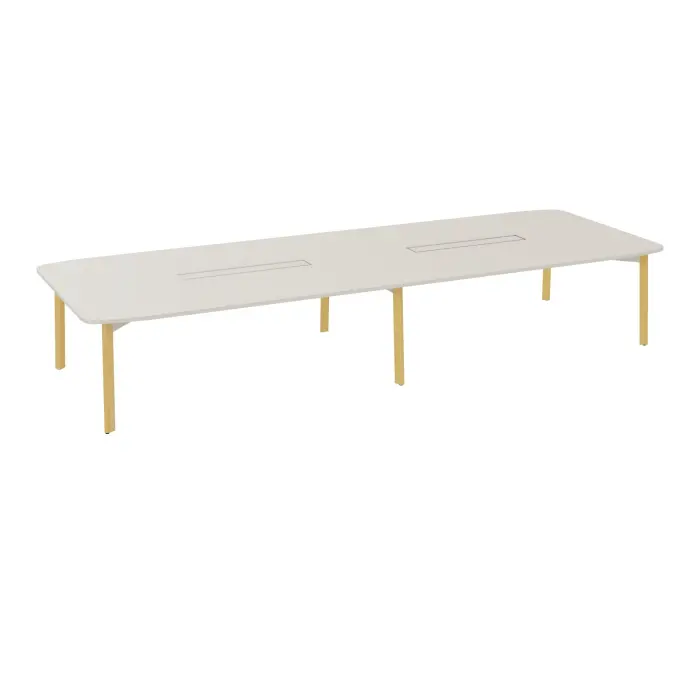 Table de réunion modulaire Karl L. 150 cm x P. 420 cm plateau mélamine lin 6 pietement bois hêtre massif vernis/ dont 1 éléctrifié métal lisse blanc nacré