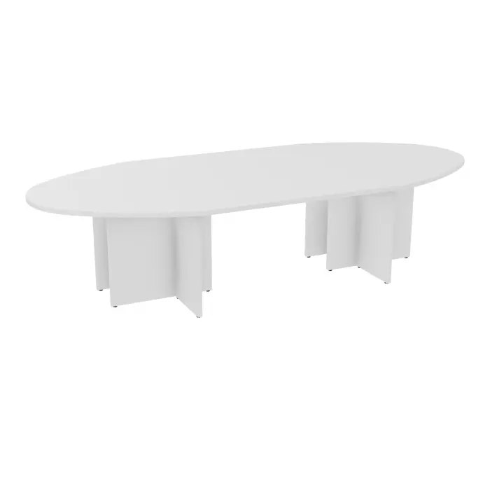 Table ovale Modulo 10 personnes L. 320 cm x P. 140 cm mélamine blanc neige epaisseur 30mm 2 plateaux droits L. 140 cm + 2 plateaux ellipses prépercés 6 obturateurs +4 pieds panneaux mélamine blanc neige
