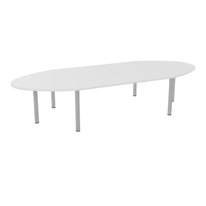 Table ovale Modulo 12 personnes L. 360 cm x P. 140 cm mélamine blanc neige epaisseur 30mm 2 plateaux droits L. 180 cm + 2 plateaux ellipses prépercés 6 obturateurs 6 pieds Ø70 métal lisse gris aluminium